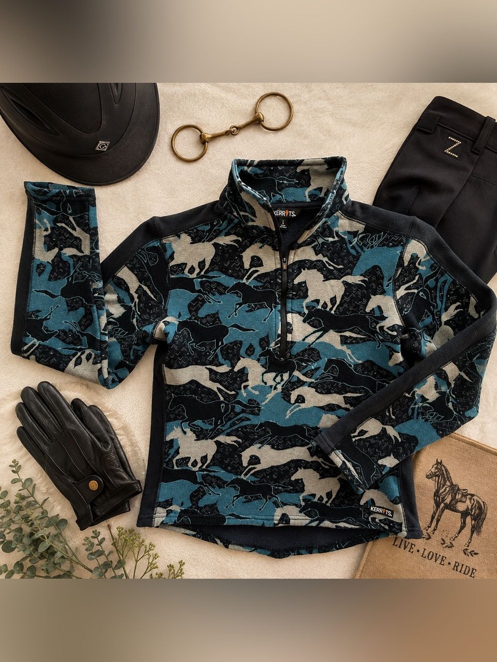 Kerrits Horse Print Kids Quarter Zip Pullover Equestrian Fleece L